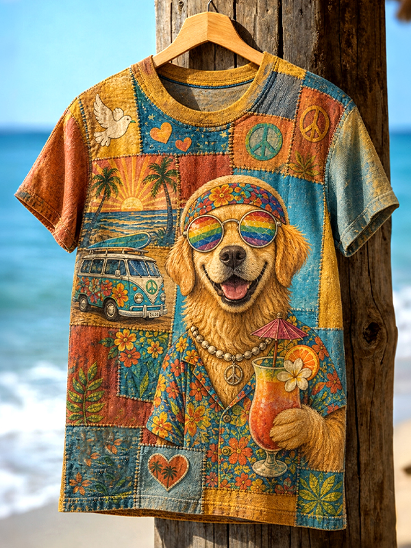 Men's Fun Hippie Vacation Peace Dog Art Print T-Shirt