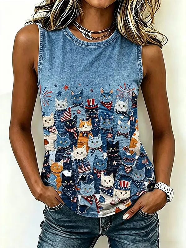 Women's 4th of July American Flag Kitty Print Casual Tank Top