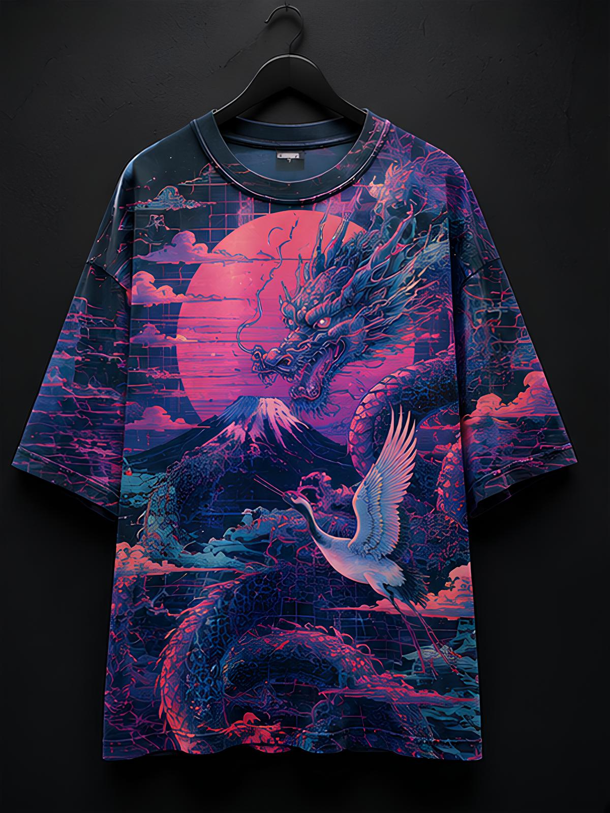 Men's Neon Dragon & Crane Mount Fuji Print Drop Shoulder Casual T-Shirt