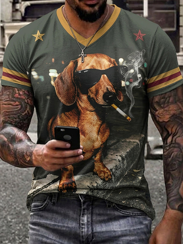 Men's A Dachshund Wearing Sunglasses Smoking Art Print T-Shirt