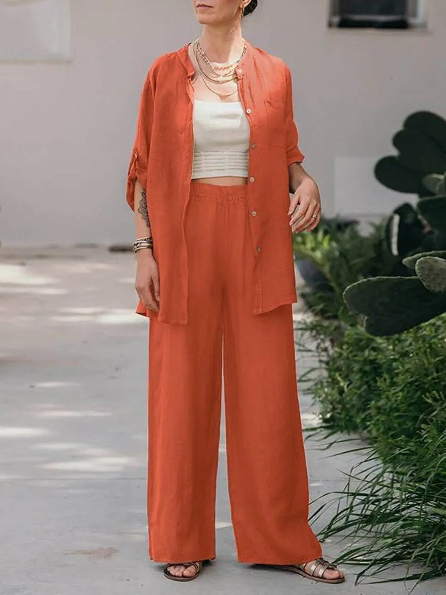 Women's Spring Solid Color Long- Sleeve Shirt and Pants Two Piece Set