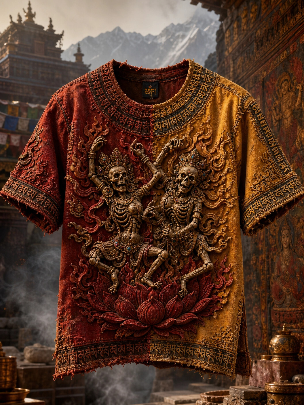 Men's Skeleton Buddhism Lotus Symbol Print Casual T-Shirt