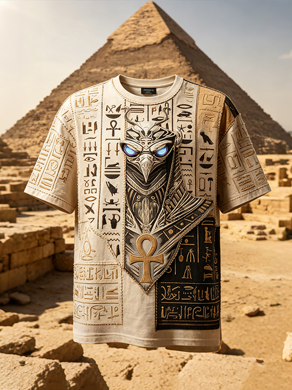 Men's Egyptian Horus Ankh Hieroglyphics Patchwork Print T-Shirt