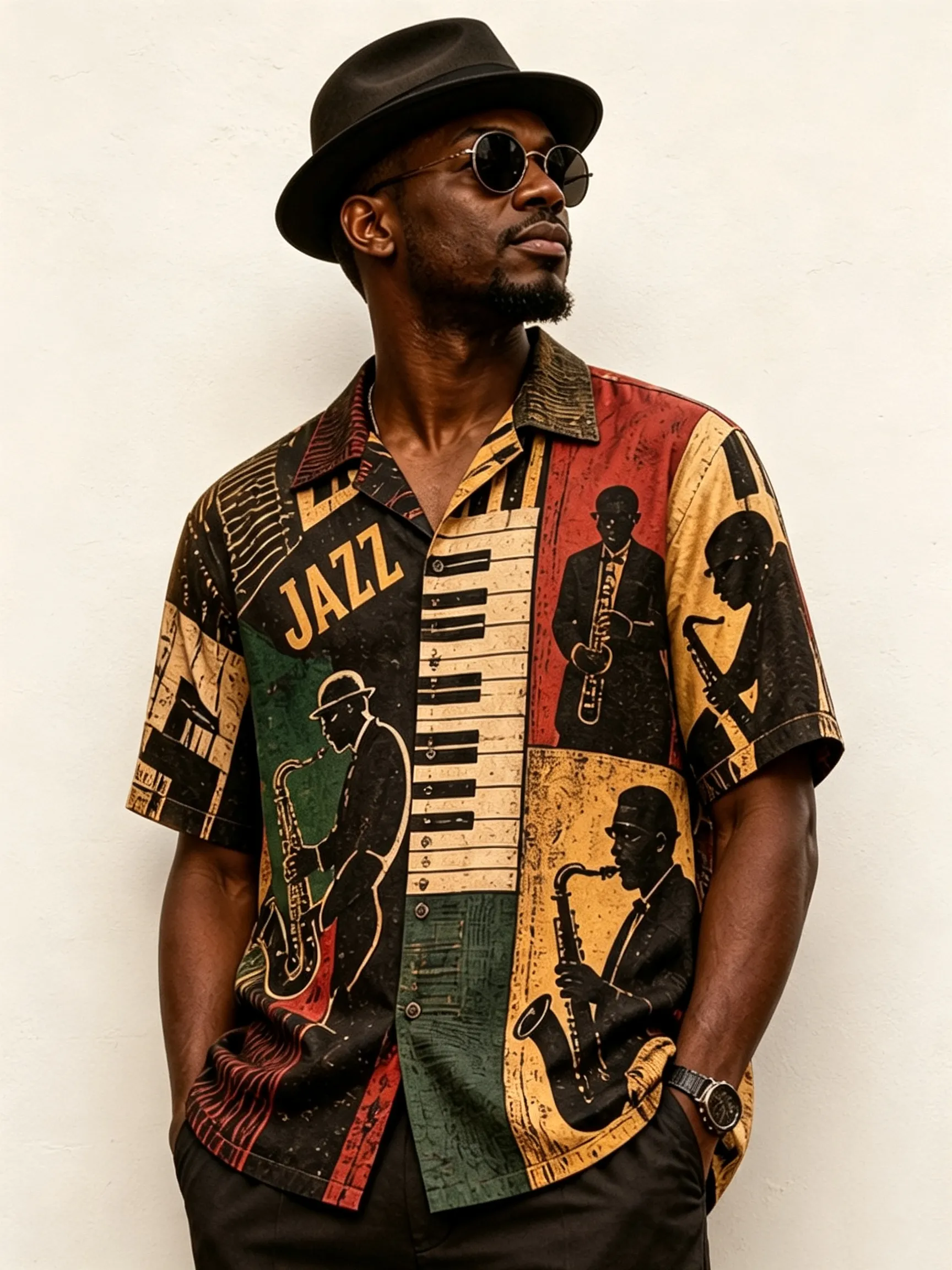 Men's Jazz Saxophonist Patchwork Print Short Sleeve Shirt