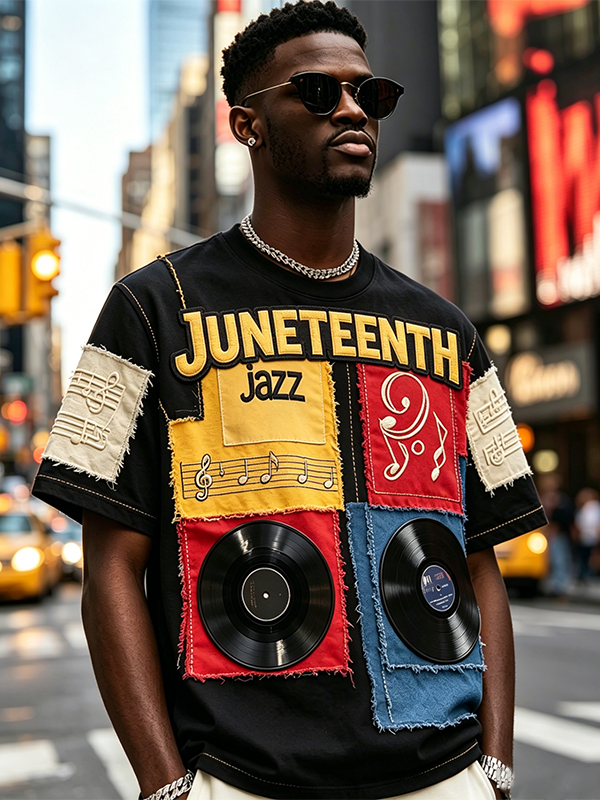 Men's Juneteenth Vinyl Record Music Collage Art Print T-Shirt