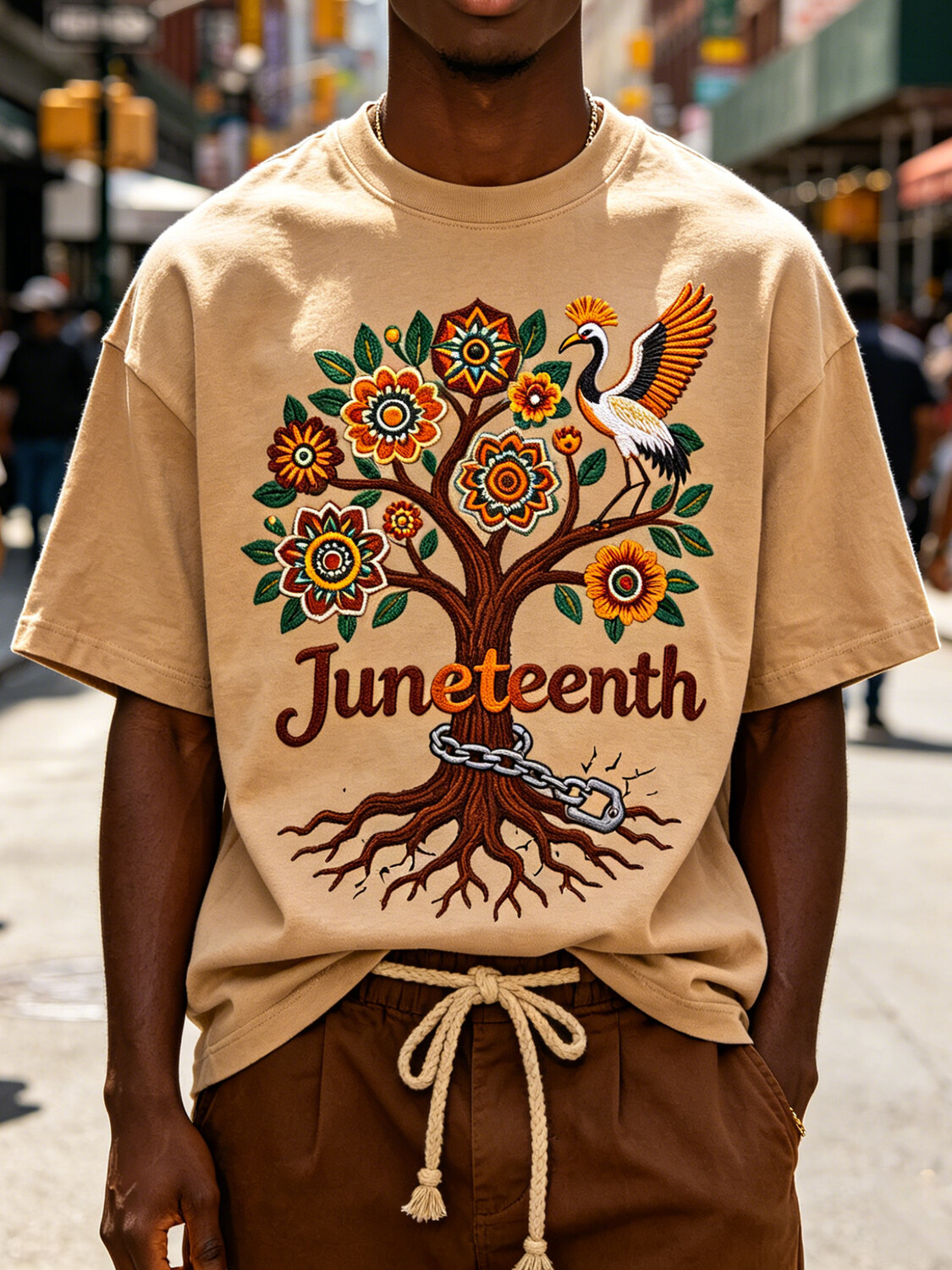 Men's Juneteenth Tree of Life Folk Art Elements Print Cotton Casual T-Shirt