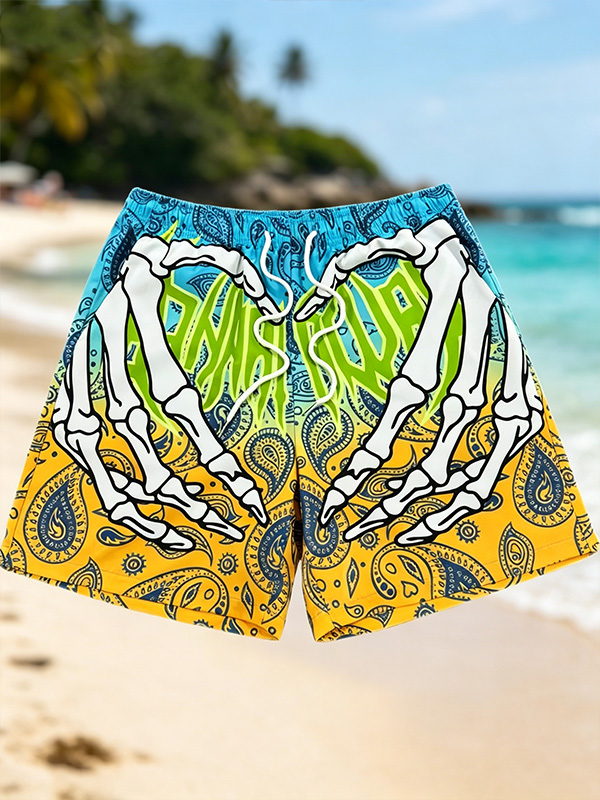 Men's Psychedelic Style Ombre Art Skeleton Hands Paisley Print Casual Shorts