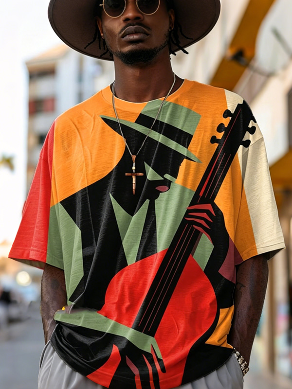 Men's Retro Jazz Musician Abstract Bass Player Colorblock Art Print T-Shirt