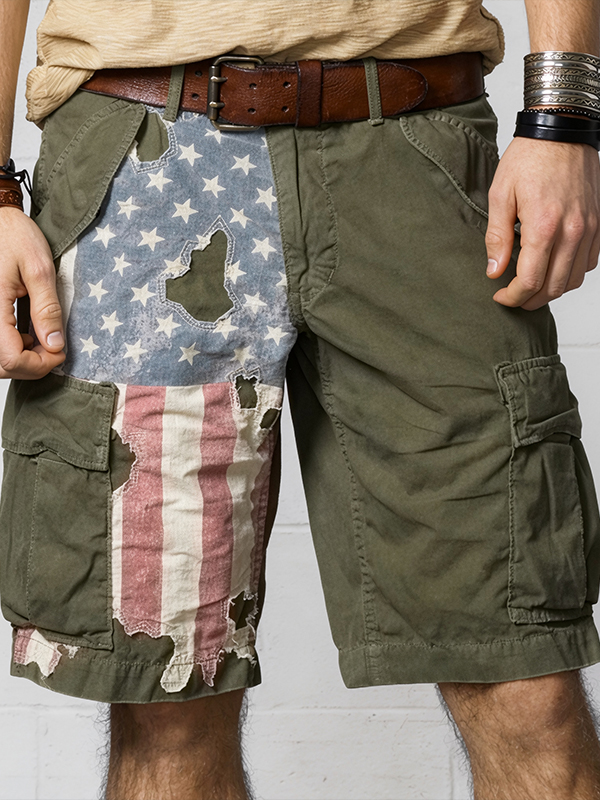 Men's Retro American Flag Print Denim-Like Cargo Shorts