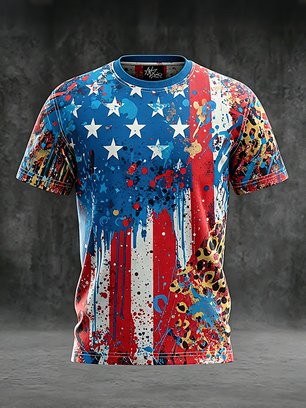 Men's USA Flag Graffiti Paint Drip Art Print T-Shirt