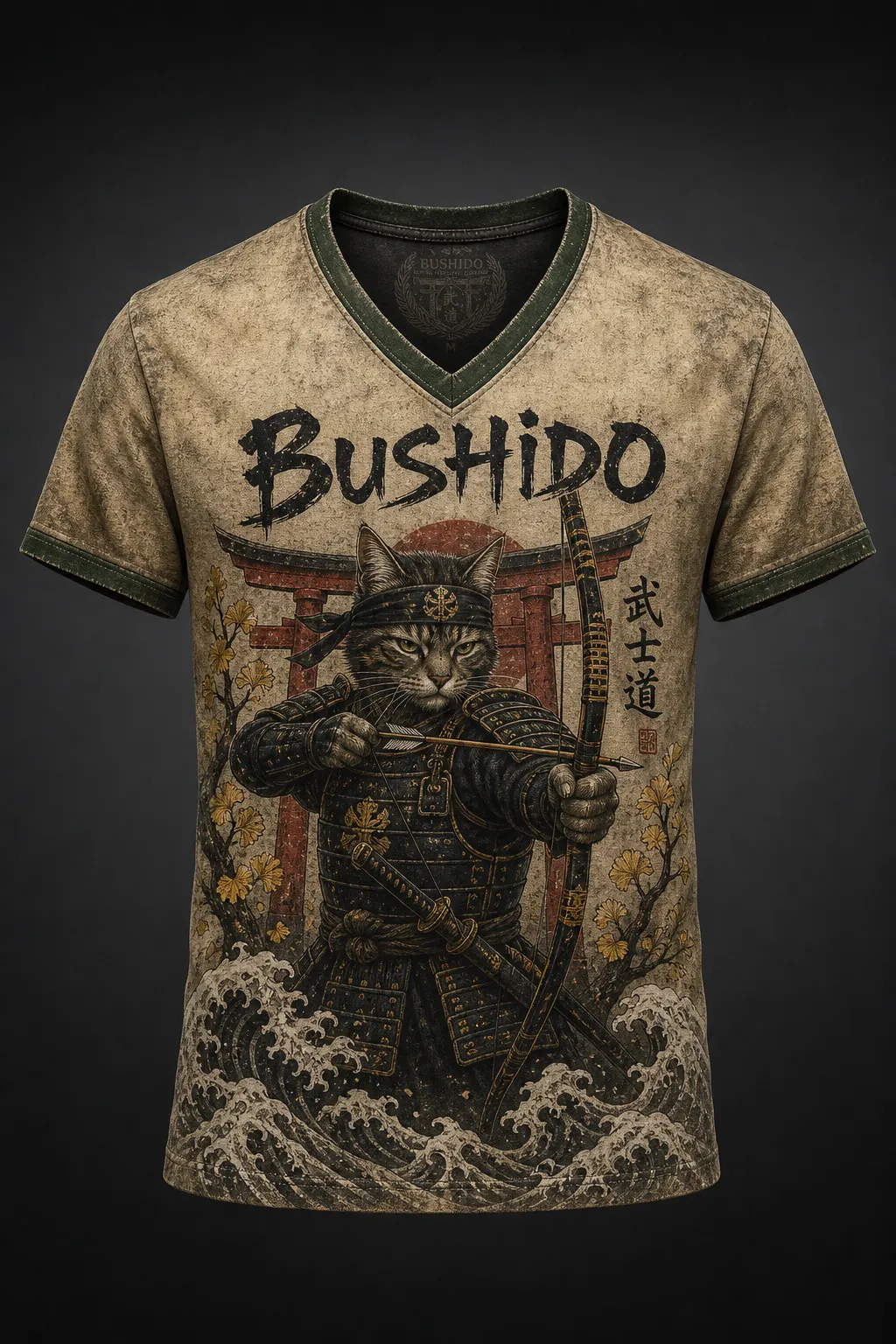 Men's Vintage Cats Samurai Japanese Art Print V Neck T-Shirt