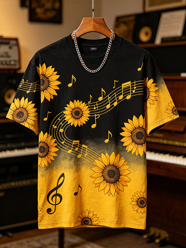 Men's Ombre Art Sunflower Music Note Print Casual T-Shirt