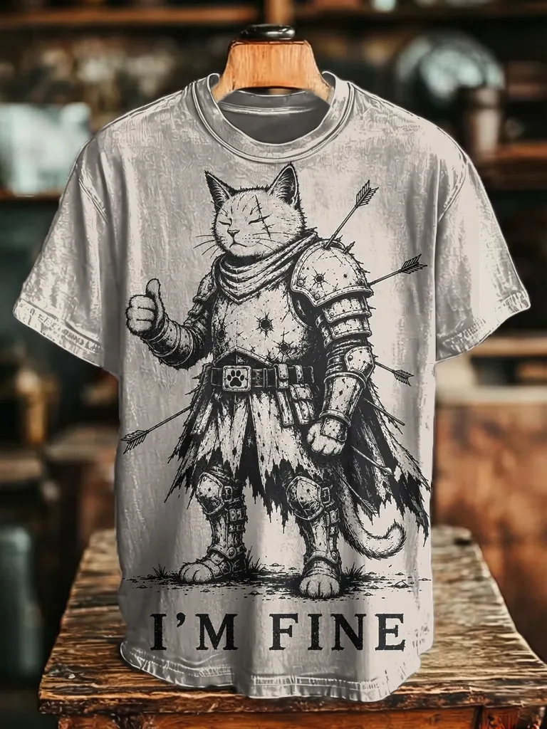 Men's Vintage Ink Sketch Armored Warrior Cat Pierced By Arrows Thumbs Up Print Casual T-Shirt
