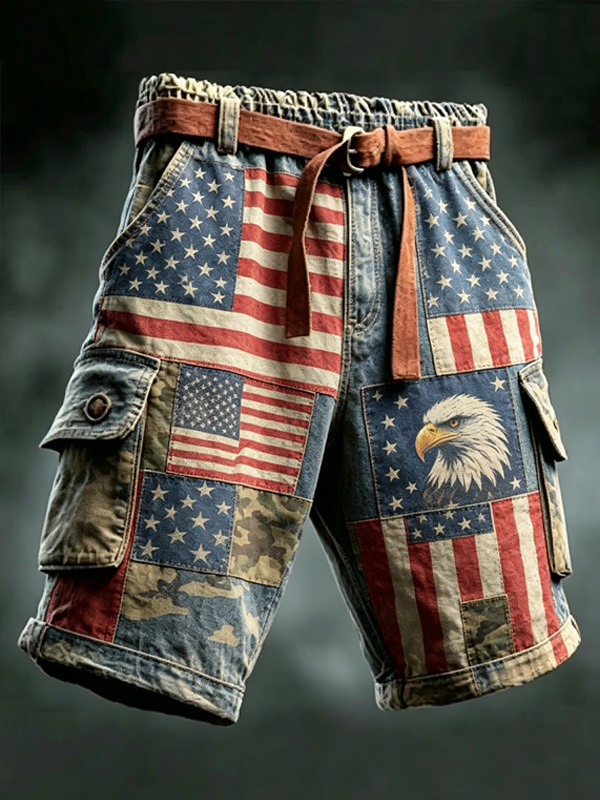 Men's Bald Eagle Stars and Stripes Camo Print Cargo Shorts