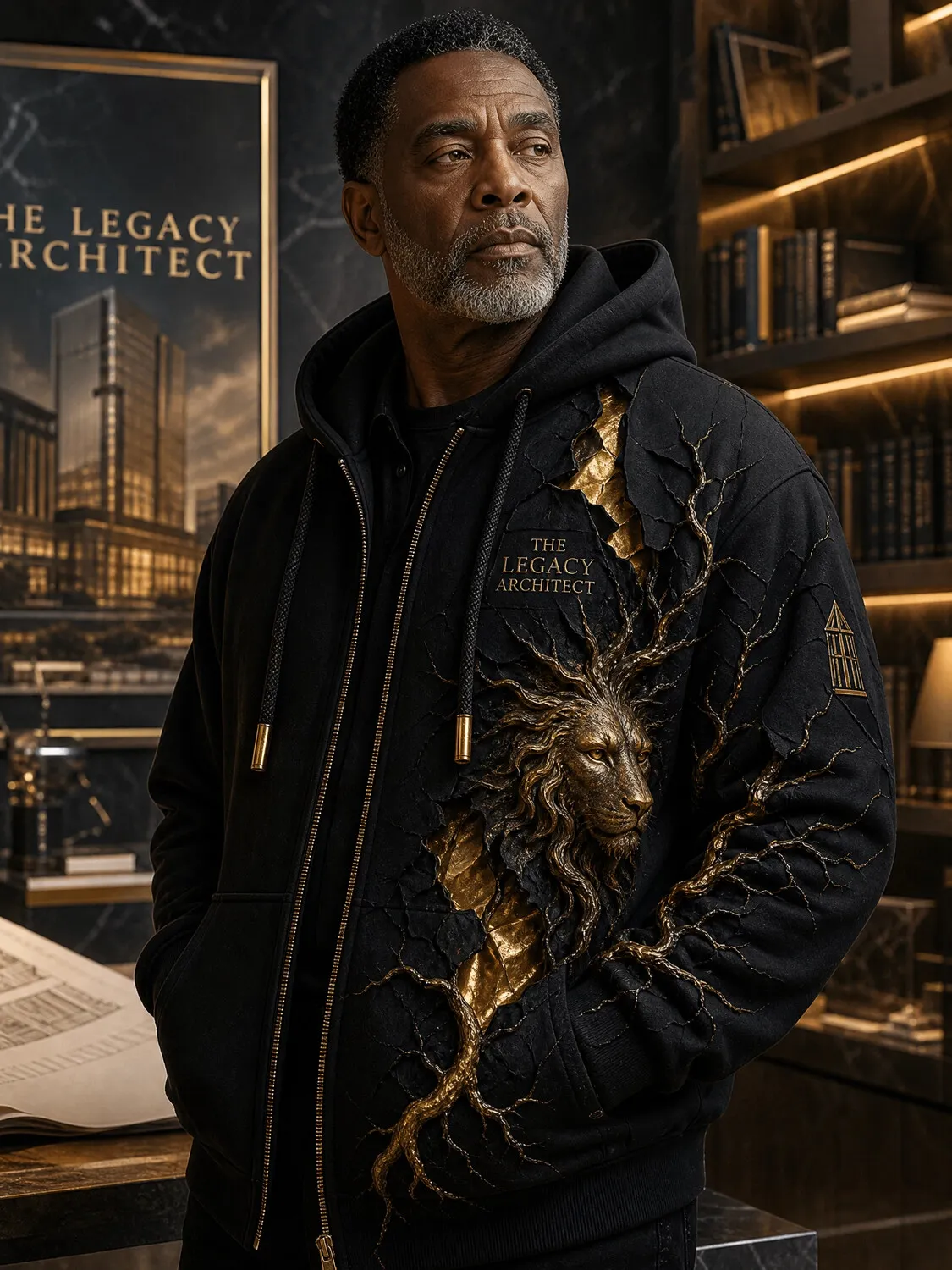 Men's Embossed Golden Lion Root Branch Minimalist Print Hooded Zip Up Jacket