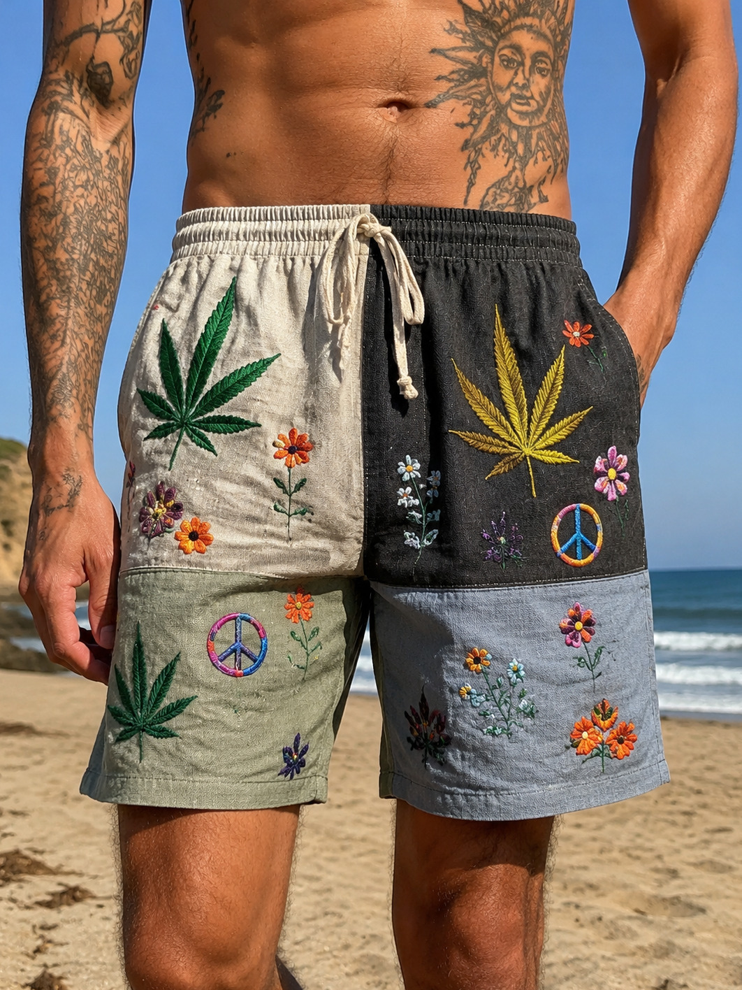 Men's Boho Leaf Flower Peace Sign Patchwork Print Casual Shorts