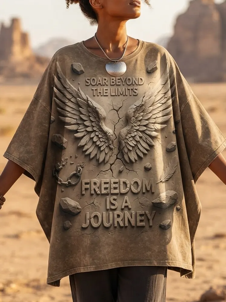 Women's 3D Embossed Angel Wings Freedom Is A Journey Art Print Casual T-Shirt