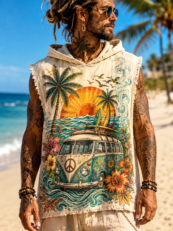 Men's Hippie Art Bus Seaside Vacation Style Print Hooded Tank Top