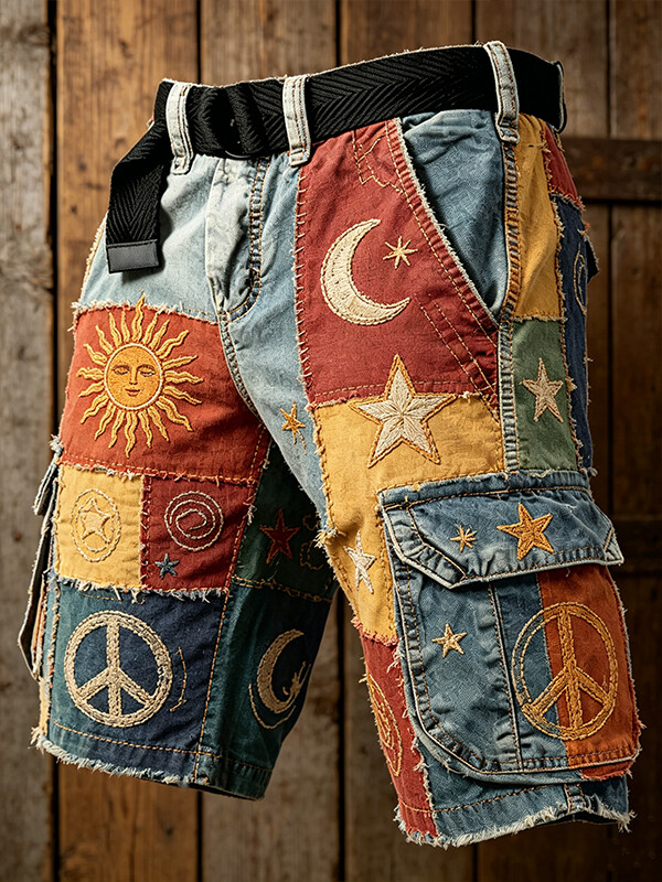 Men's Hippie Sun Moon Star Peace Symbol Patchwork Art Print Denim-Like Casual Shorts