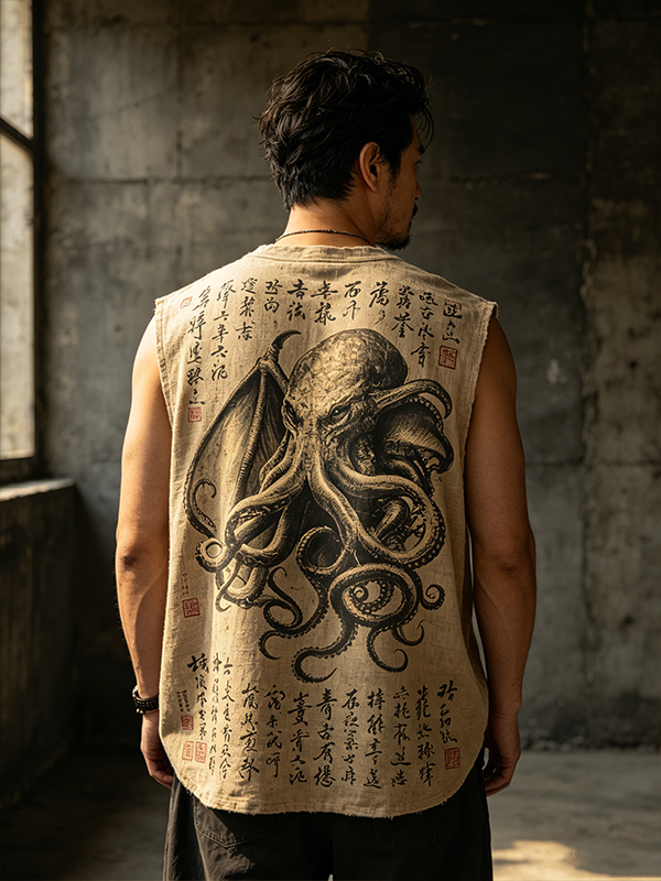 Men's Vintage Calligraphy Octopus Art Print Tank Top
