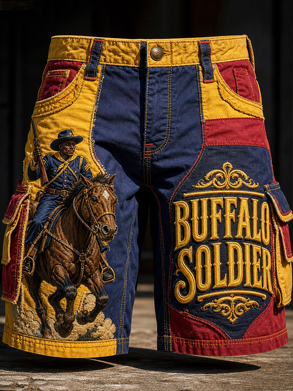 Men's Buffalo Soldier Cowboy Art Print Casual Shorts