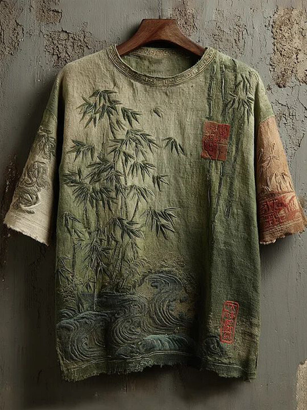 Men'S Japanese Bamboo Embroidery Art Print Casual T-Shirt