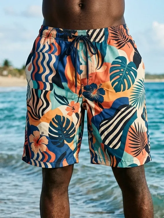 Men's Hawaiian Leaf Geometry Vacation Art Print Casual Shorts