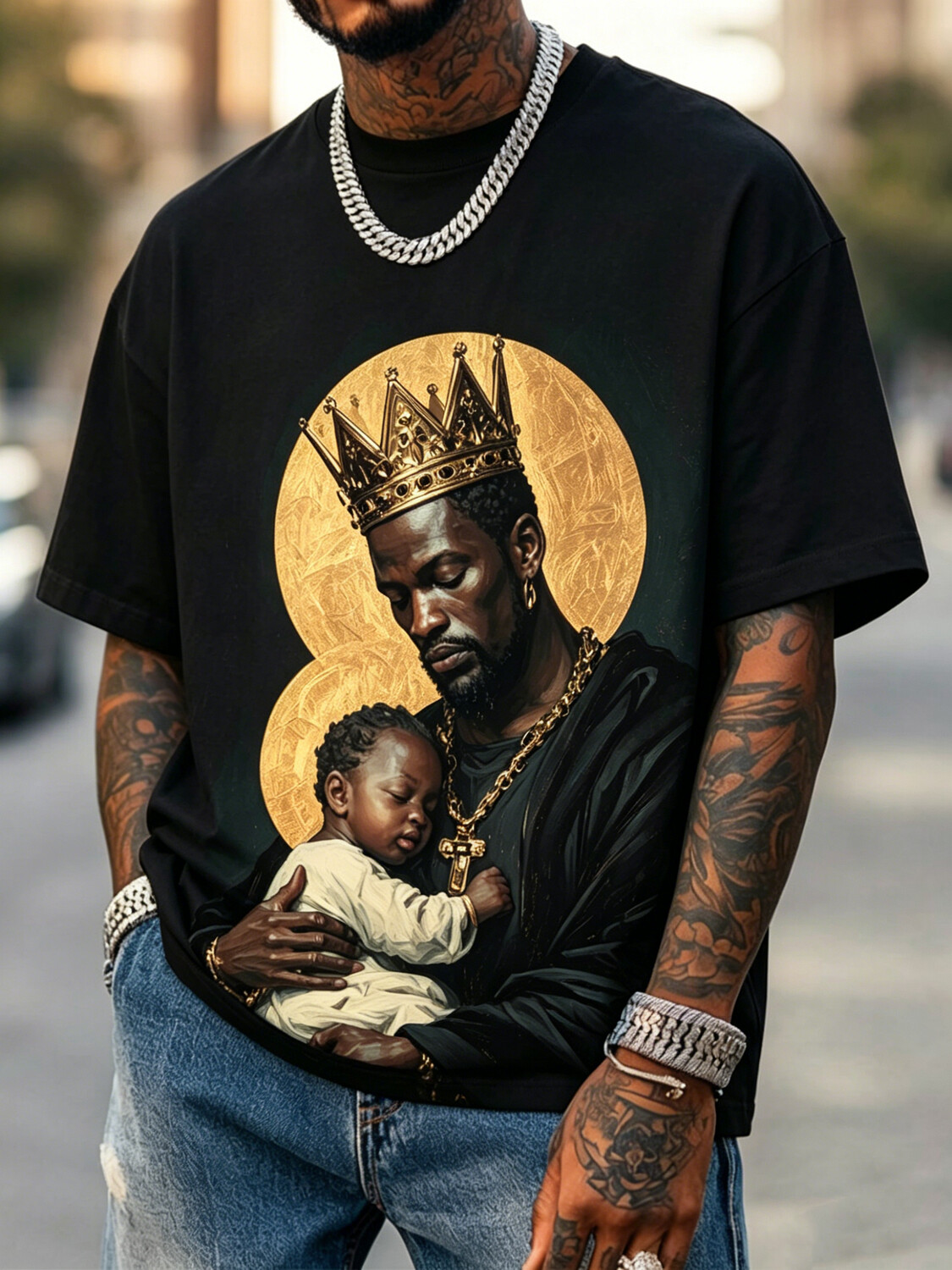 Men's Black King And The Child Print T-Shirt