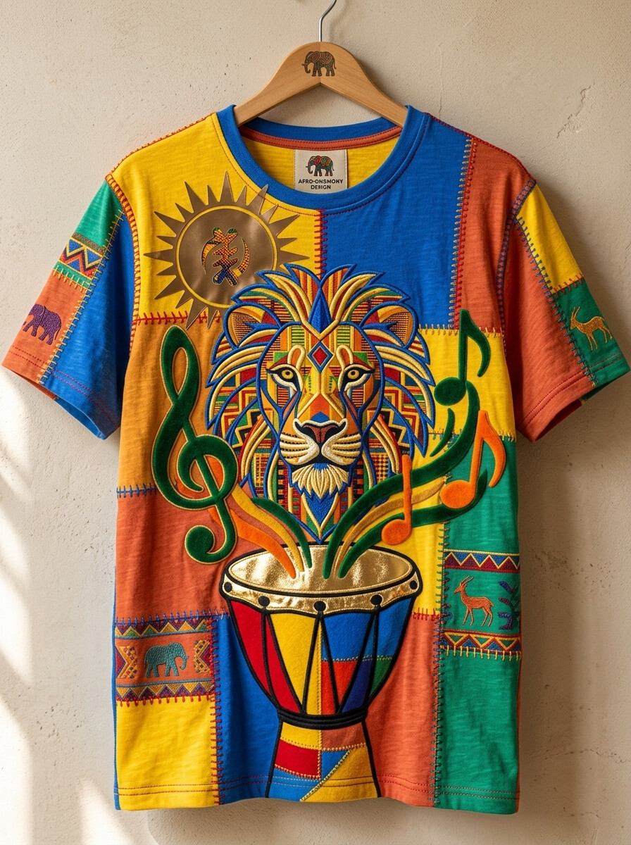 Men's Color Block Afro Art Lion Drum Print Casual T-Shirt