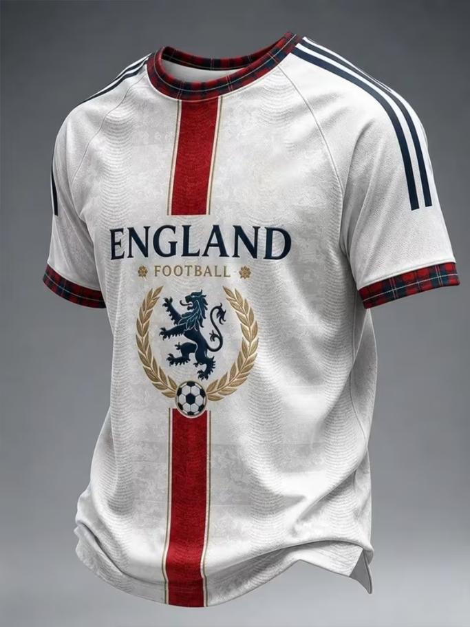 Men's England Lion Laurel Soccer Plaid Trim Print T-Shirt