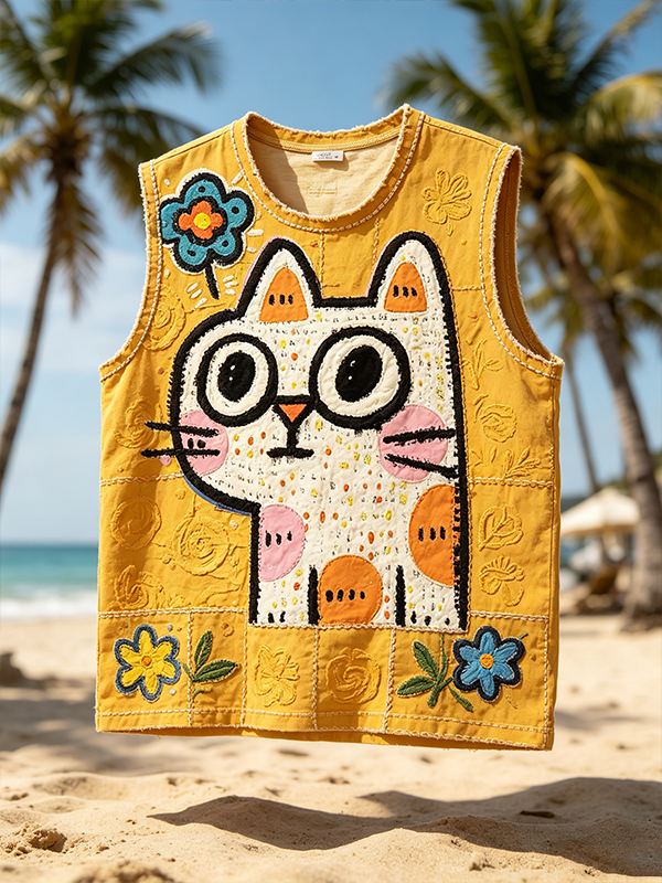 Men's Cartoon Cat Floral Patchwork Art Print Tank Top