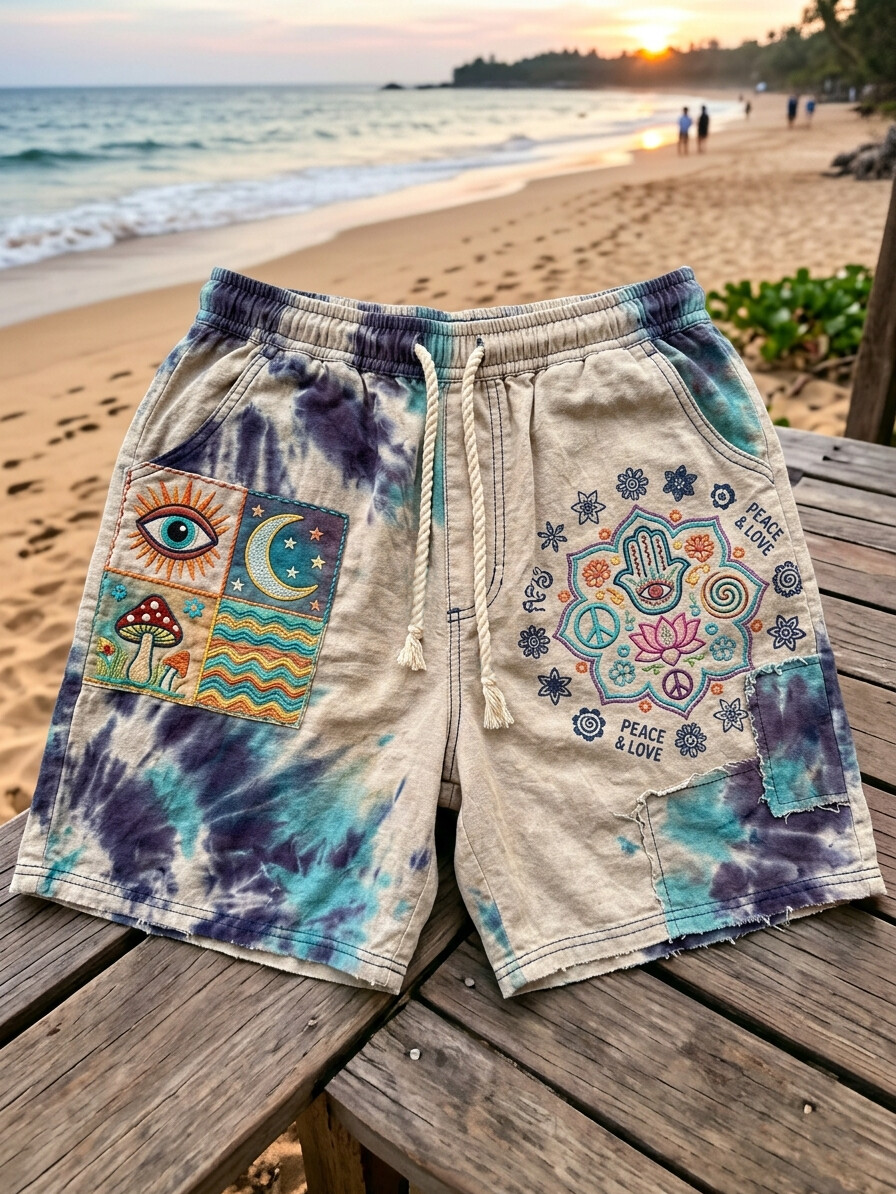 Men's Tie Dye Sun & Moon Hawaiian Style Print Casual Shorts