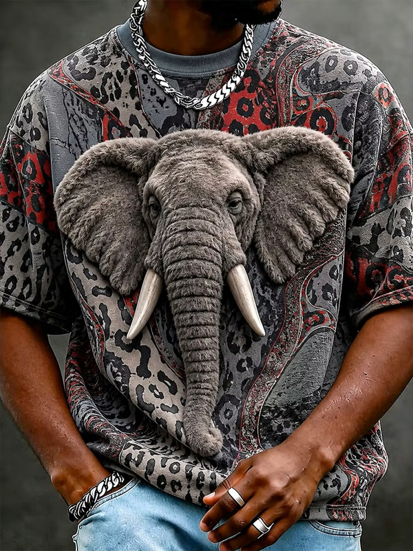 Men's Leopard Fuzzy 3D Elephant Art Print T-Shirt