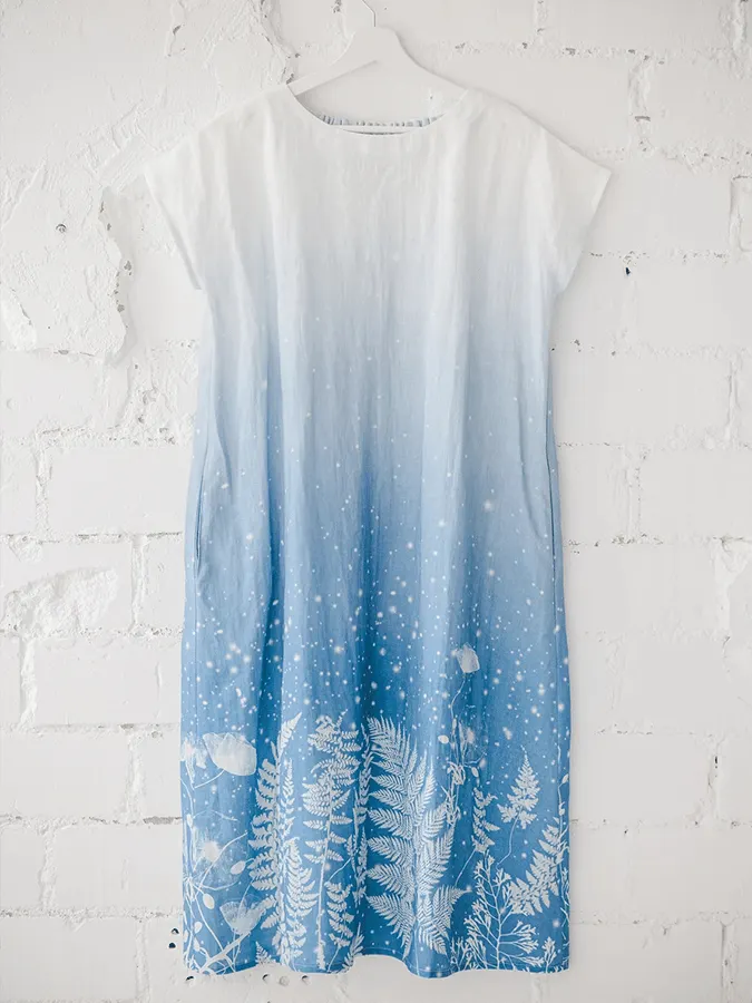 Women's Ombre Grass Print Linen Short Sleeve Dress