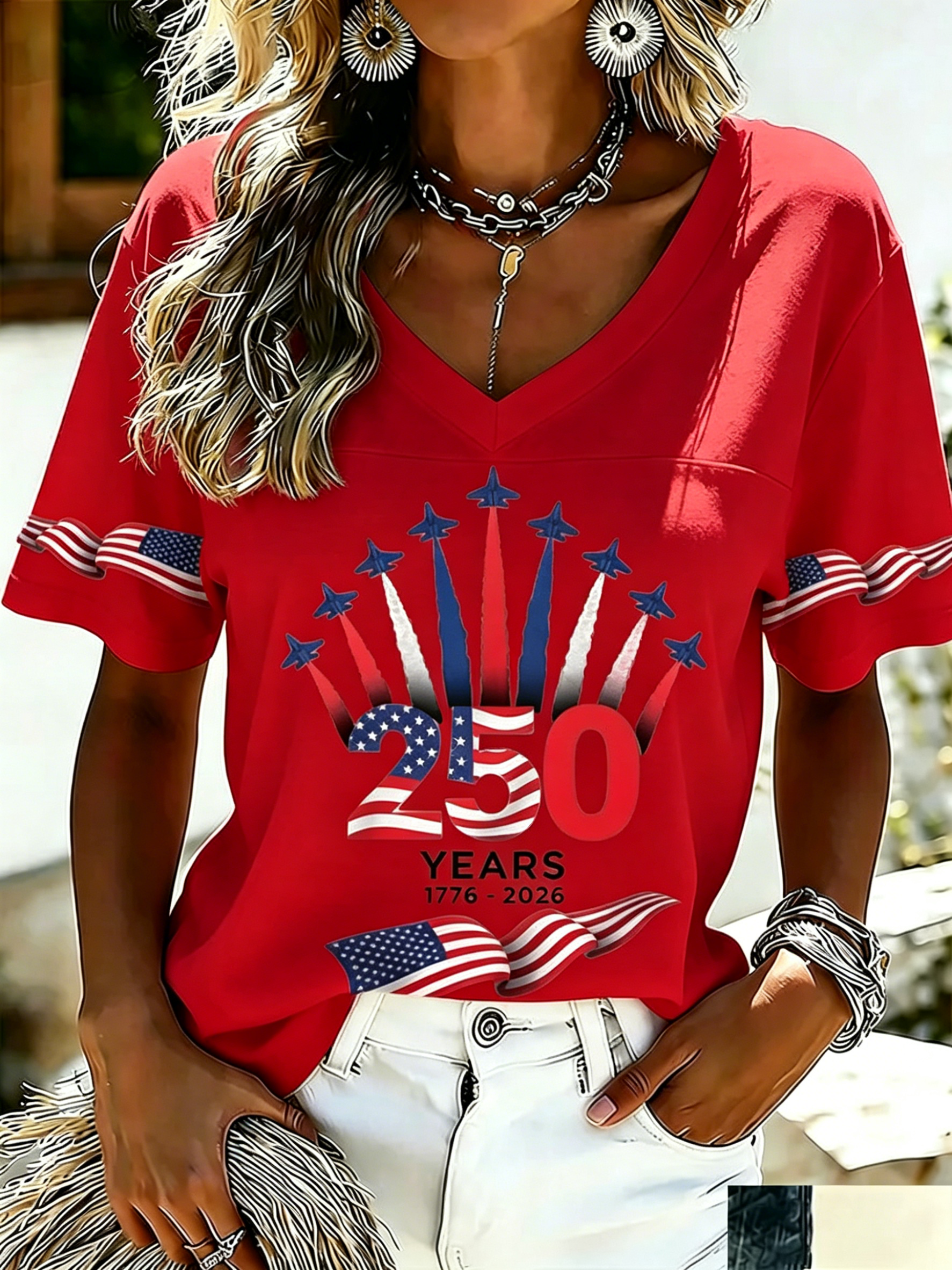 Women's USA 250th Anniversary "Air Show Fireworks" V-Neck T-Shirt