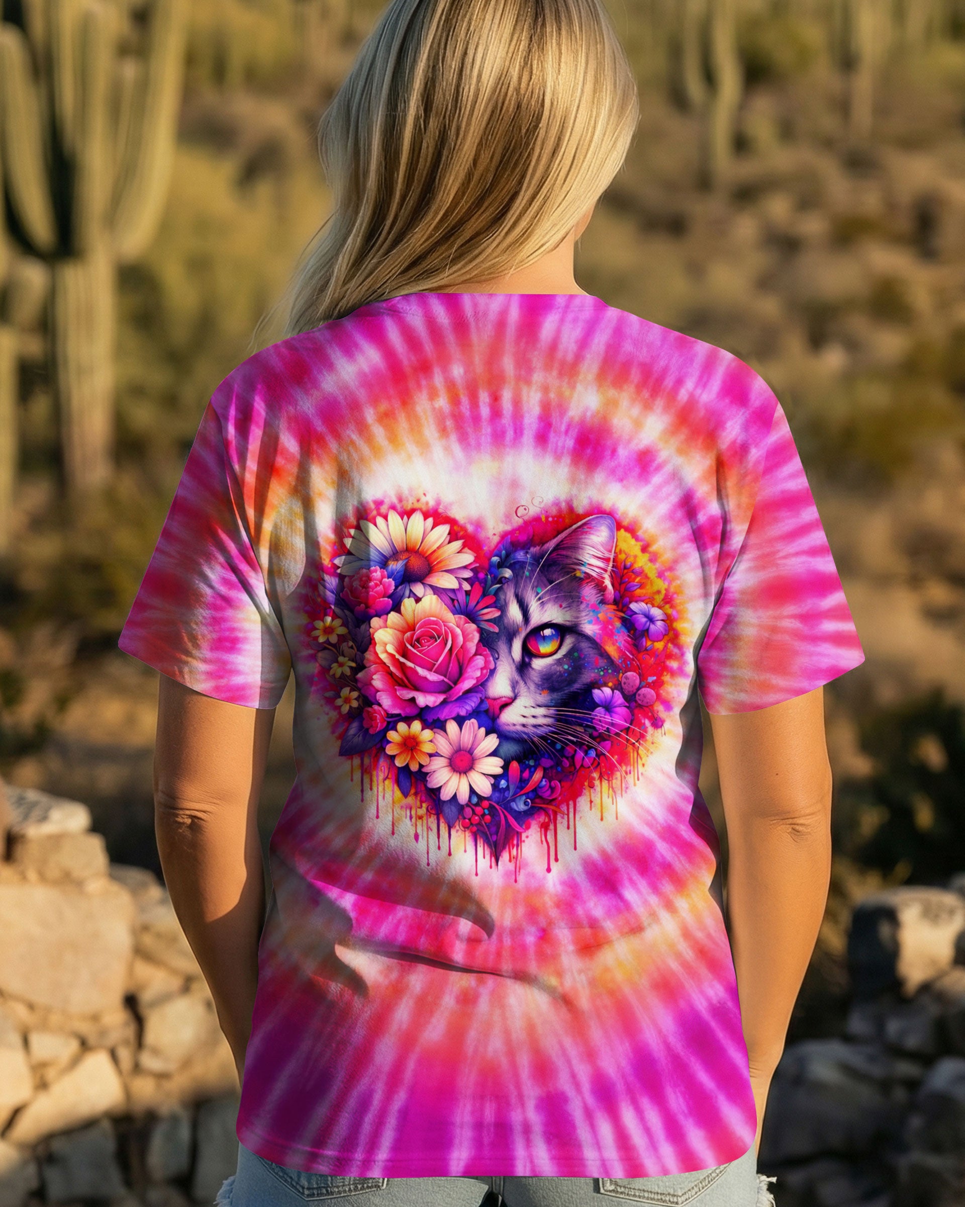 CAT AND FLOWERS HEART SWIRL ALL OVER PRINT   - TLTW1203262
