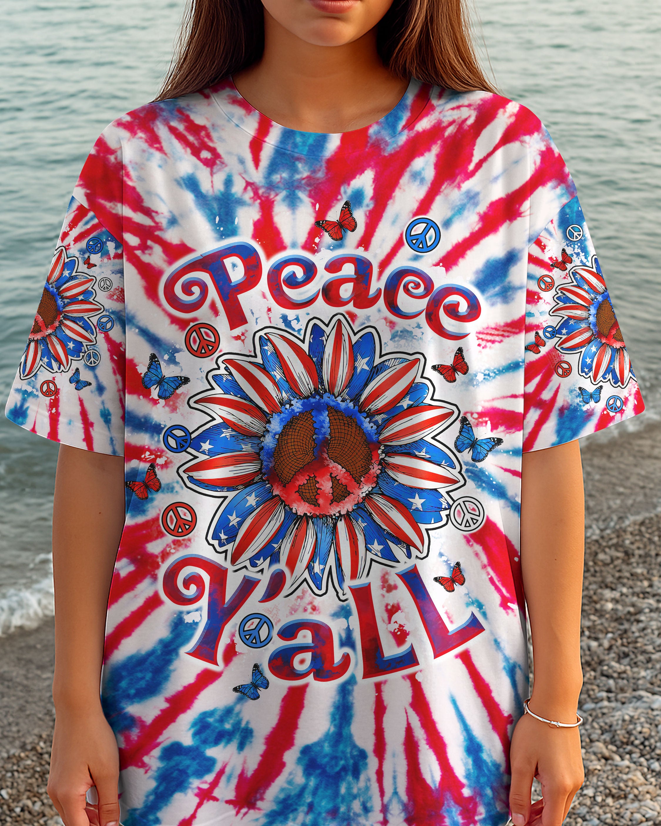 PEACE Y'ALL SUNFLOWER AMERICA TIE DYE ALL OVER PRINT - TLTW1104253