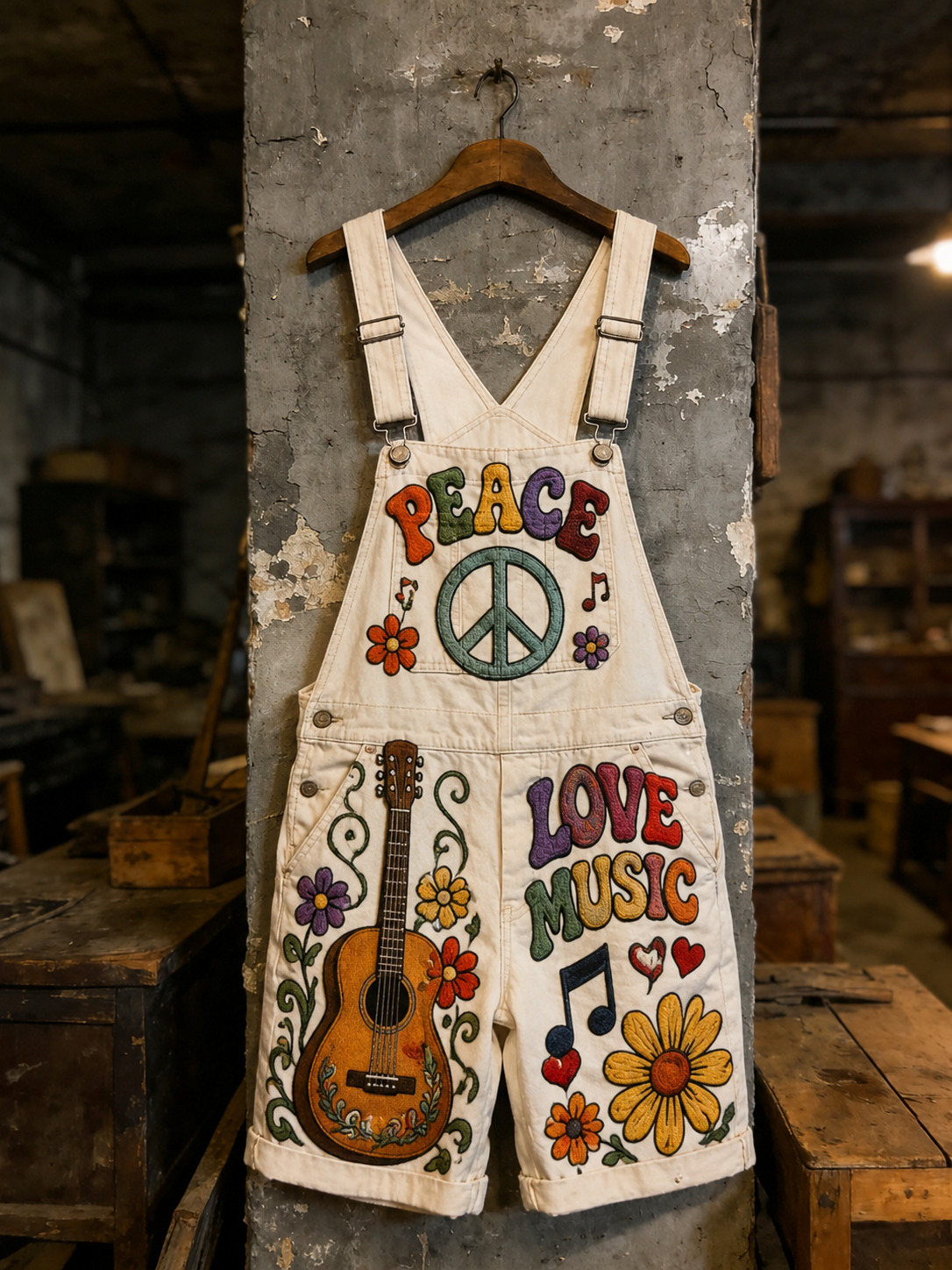 Men's Peace Love Music Art Print Shorts Overalls