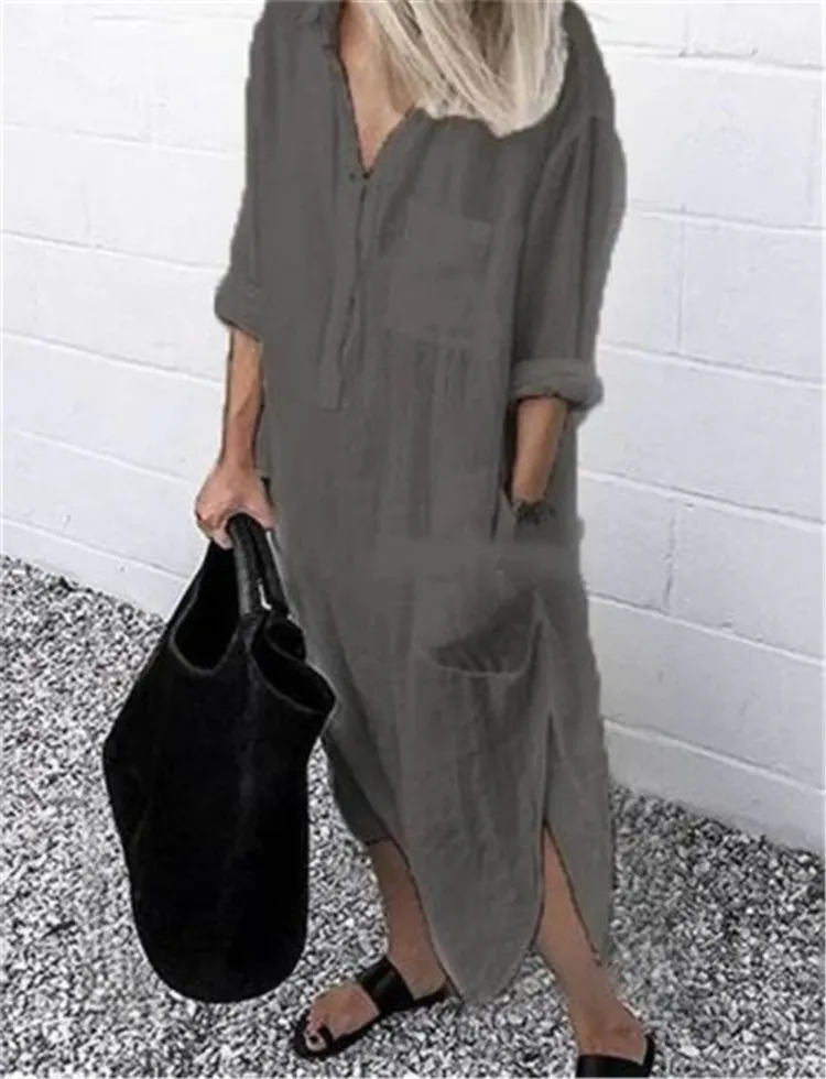 Mono Color Button Lapel Irregular Hem Shirt Women Maxi Dress