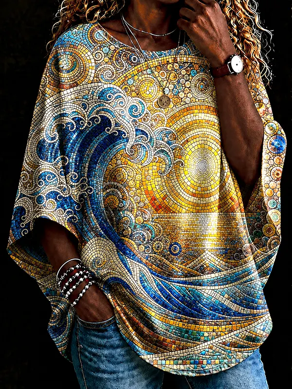 Women's Wave And Sun Mosaic Art Print Long Sleeve T-Shirt