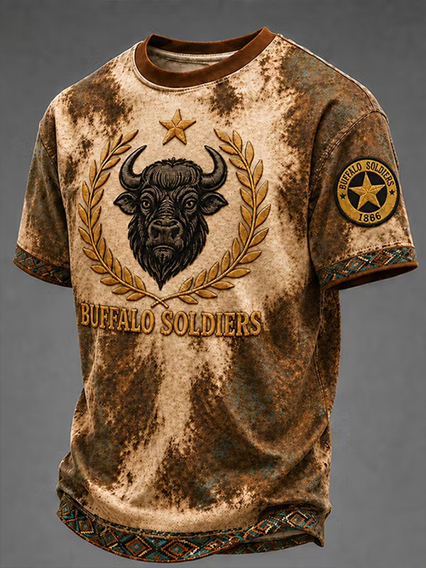 Men's Buffalo Soldiers Vintage Bison Print Casual T-Shirt