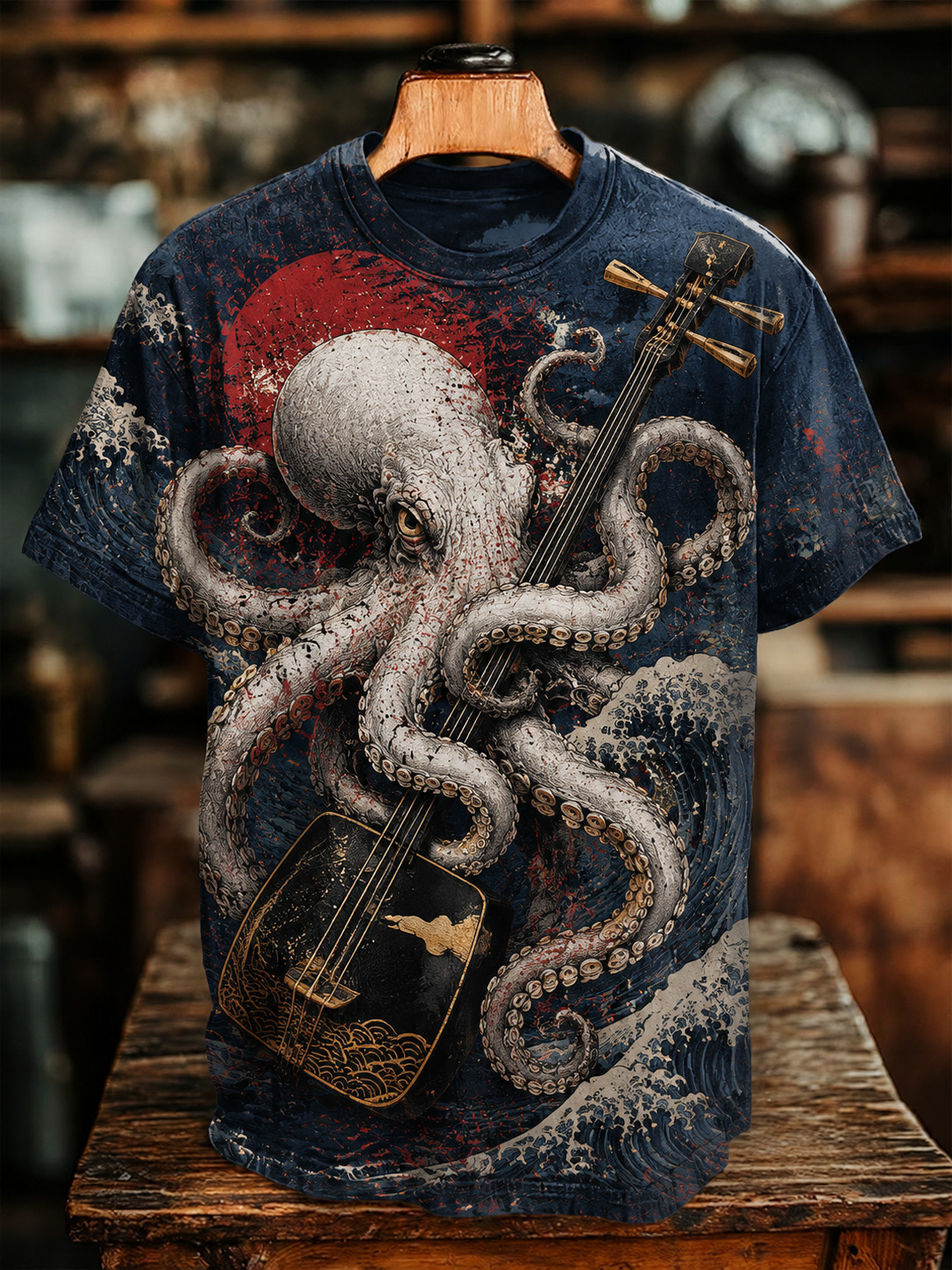 Men's Cthulhu Octopus Playing The Japanese Shamisen Print T-Shirt