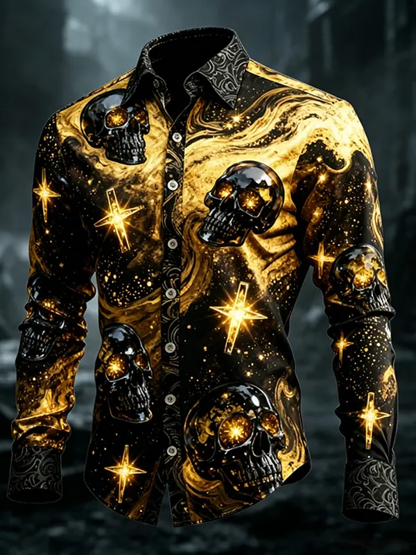 Men's Glowing Swirl Starry Skull Cross Art Print Long Sleeve Shirt