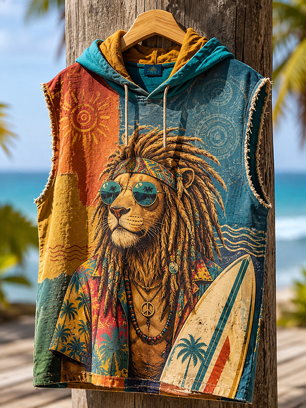 Men's Reggae Lion Beach Surfing Art Print Workout Hooded Tank Top