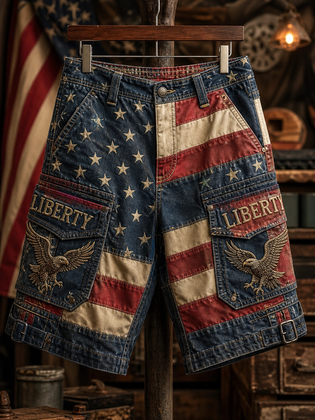 Men's Liberty Eagle Stars and Stripes Print Cargo Shorts