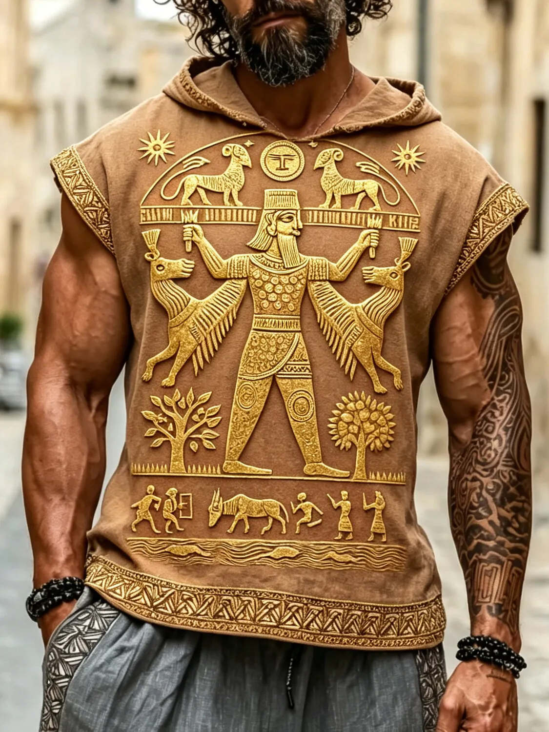 Men's Mesopotamian Ancient Mythology Art Print Hooded Tank Top