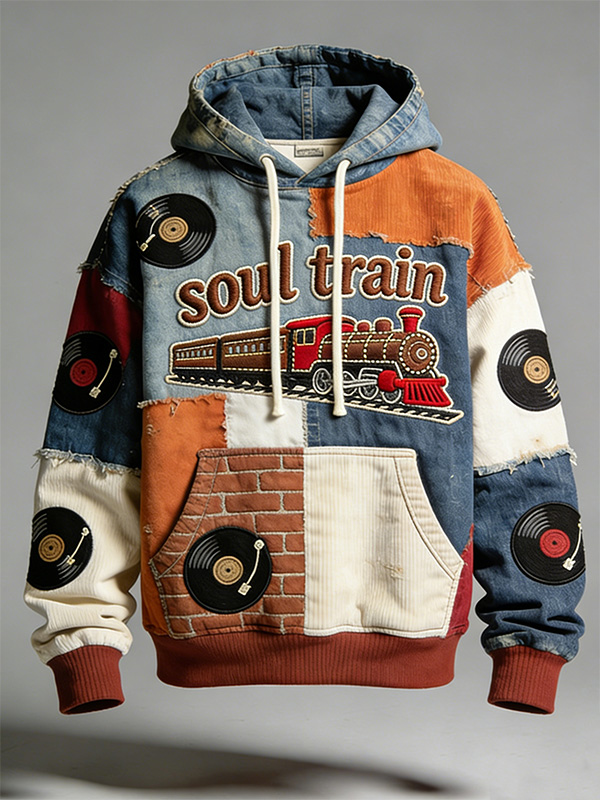 Men's Colorblock Soul Train Vinyl Record Art Print Casual Hoodie