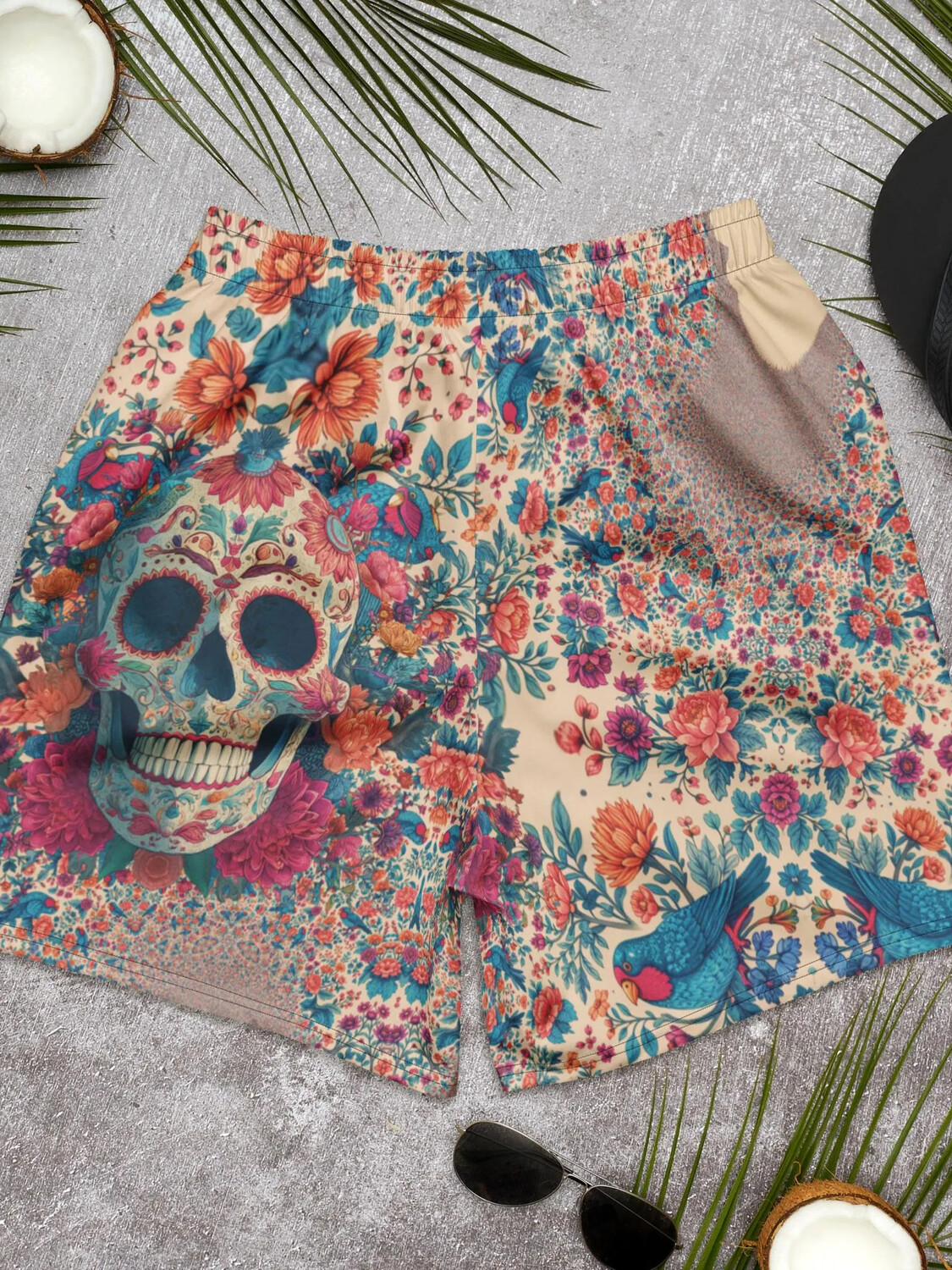 Men's Sugar Skull And Floral Art Print Casual Shorts