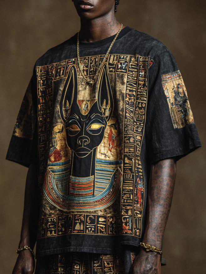 Men's Egyptian Anubis Hieroglyphic Print T-Shirt