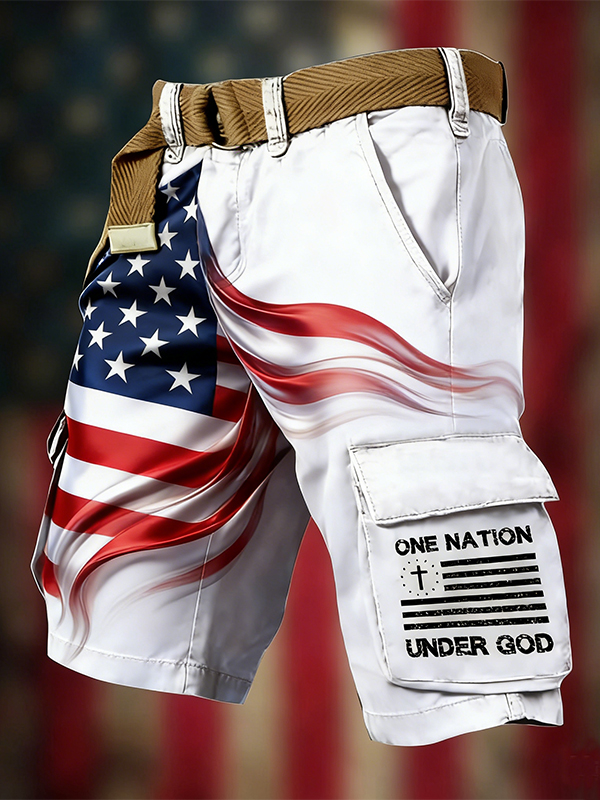 Men's One Nation Under God Independence Day Flag Print Denim-Like Cargo Shorts